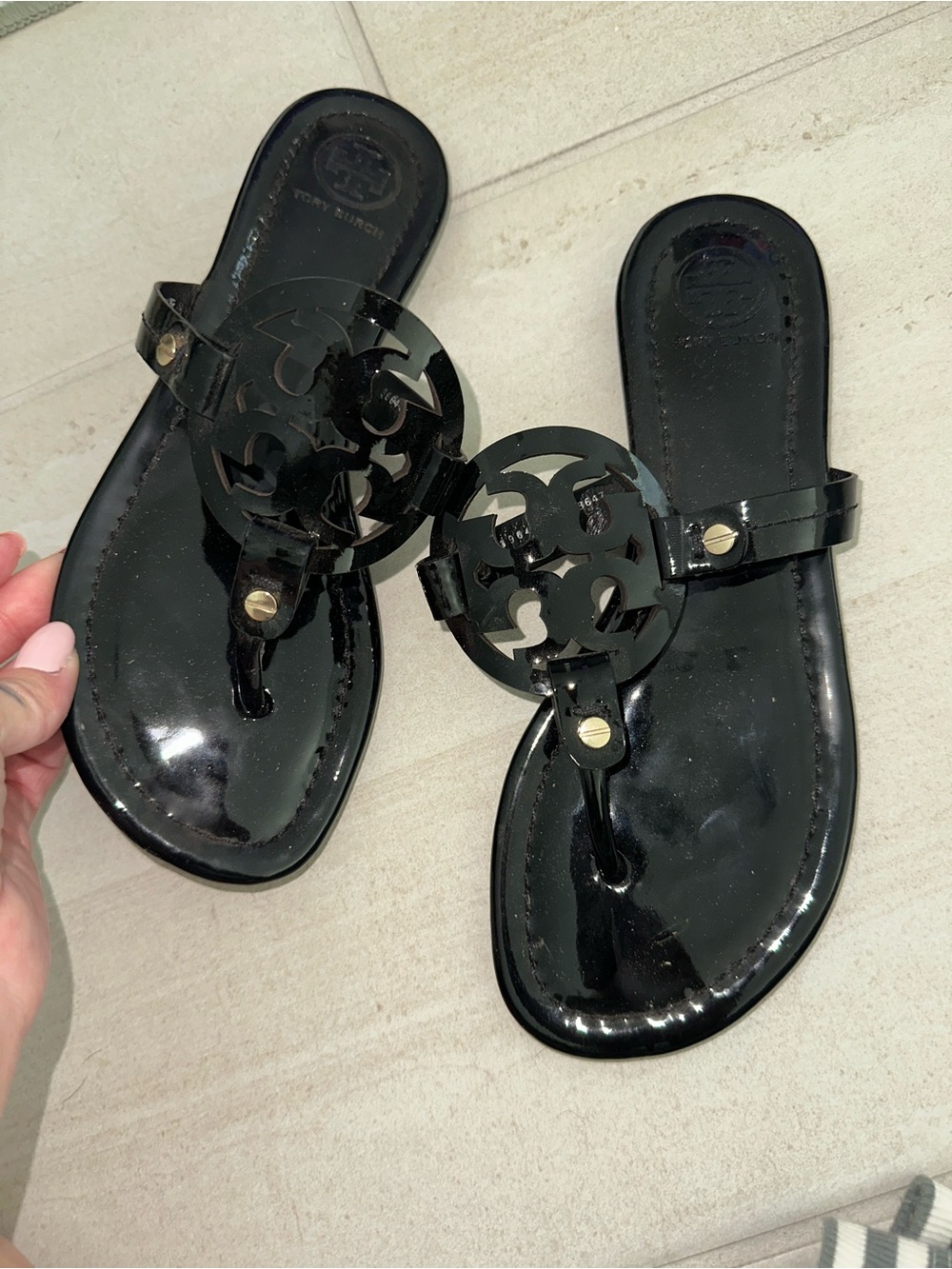Tory Burch Black Patent Logo Thong Sandals